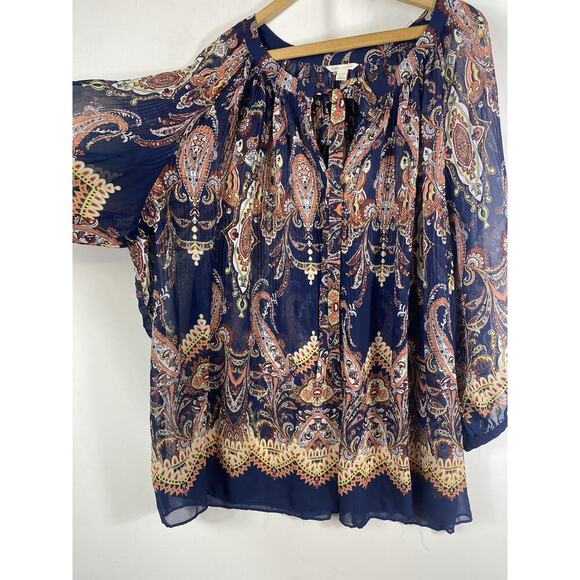 Cato Tunic Top 26/28W 4X 5X Peasant Chiffon Semi Sheer Blue Paisley Boho Artsy - Picture 7 of 16